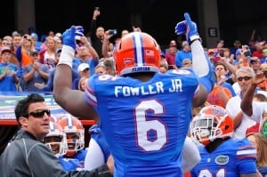 Dante Fowler leads the Gators out of the tunnel before taking on Florida State. 