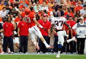 Sept 1, 2012; Cavs tight end Jake McGee (83) makes a one handed catch/Mandatory Credit: Peter Casey-USA TODAY Sports