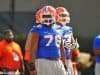 Florida Gators Max Garcia leads an offensive line on the field at University of Florida during Spring practice 2014.