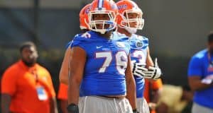 Florida Gators Max Garcia leads an offensive line on the field at University of Florida during Spring practice 2014.