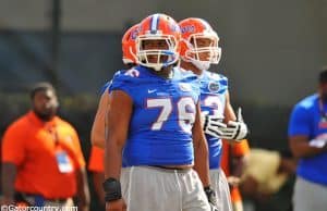 Florida Gators Max Garcia leads an offensive line on the field at University of Florida during Spring practice 2014.