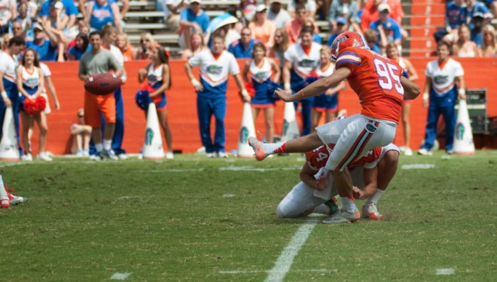 Florida Gators Kicker Frankie Velez in mid-kick @ The Swamp, University of Florida field.