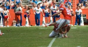 Florida Gators Kicker Frankie Velez in mid-kick @ The Swamp, University of Florida field.