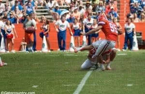 Florida Gators Kicker Frankie Velez in mid-kick @ The Swamp, University of Florida field.