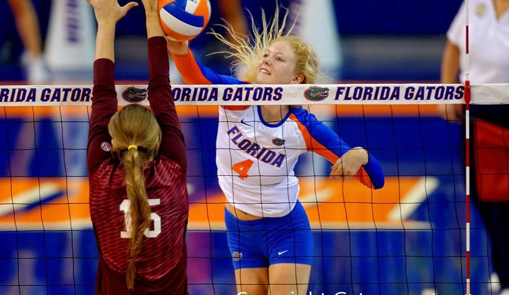 The Florida Gators volleyball team playing in the Stephen C. O'Connell Center-Florida Gators Volleyball-1000x666