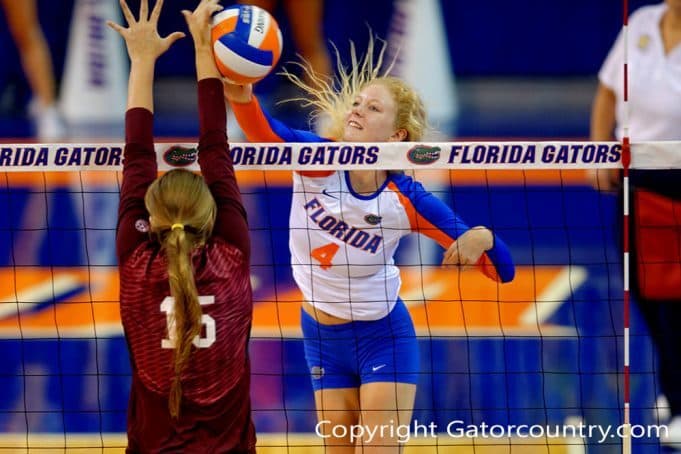 The Florida Gators volleyball team playing in the Stephen C. O'Connell Center-Florida Gators Volleyball-1000x666