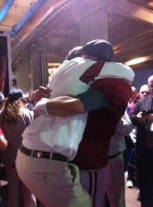Bama OC McElwain gets a hug from QB AJ McCarron after defeating LSU in National Championship game/Courtesy Kassidy Hill 