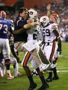 Will Muschamp while defensive coordinator at Auburn, celebrates a sack against the Florida Gators. 