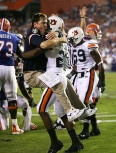 Will Muschamp while defensive coordinator at Auburn, celebrates a sack against the Florida Gators. 