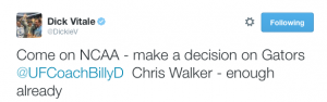 Dick Vitale tweets frustration at NCAA over handling of Chris Walker. 