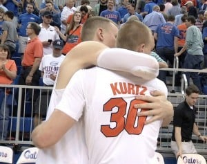 Alex Murphy and Jake Kurtz embrace after being TAMU on Kurtz's Senior Night/Photo Courtesy of WCJB