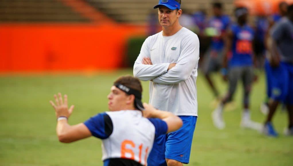 Florida Gators offensive coordinator Doug Nussmeier watches 2017 quarterback Jake Allen at Friday Night Lights- 1280x854- Florida Gators Recruiting