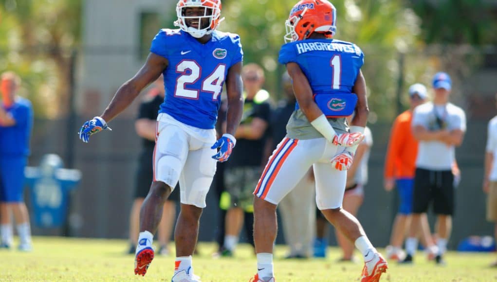 Florida Gators cornerbacks Brian Poole and Vernon Hargreaves celebrate during March 25th, 2015 practice- 1280x852- Florida Gators Football