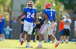 Florida Gators cornerbacks Brian Poole and Vernon Hargreaves celebrate during March 25th, 2015 practice- 1280x852- Florida Gators Football