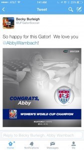 Gators head coach Becky Burleigh tweets congratulations to her former player. 