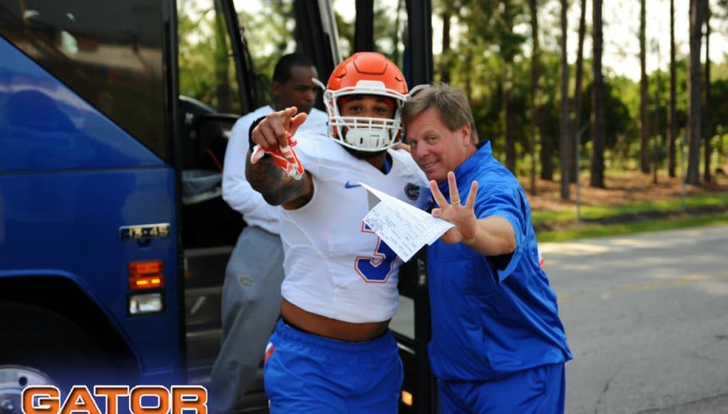 Florida Gators head coach Jim McElwain and Antonio Morrison before practice on August 8th- 1280x852- Florida Gators Football