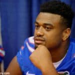 Caleb Brantley waits to sign autographs for fans at the Florida Gators 2015 fan day - Caleb Brantley - Florida Gators - University - of - Florida - Gainesville - Florida