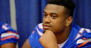 Caleb Brantley waits to sign autographs for fans at the Florida Gators 2015 fan day - Caleb Brantley - Florida Gators - University - of - Florida - Gainesville - Florida