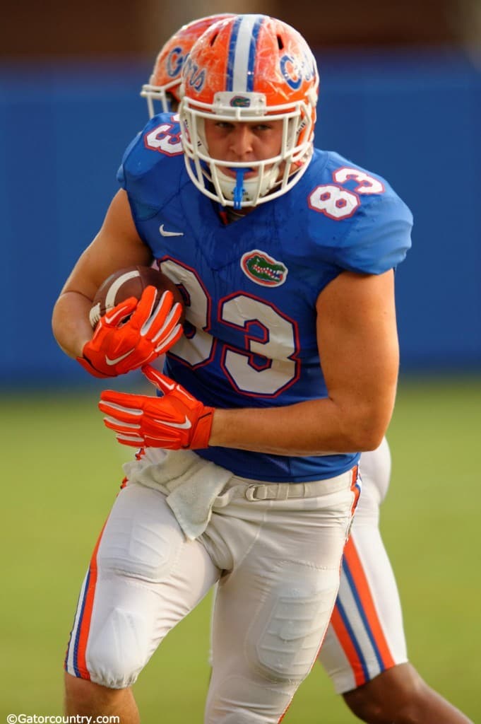 Florida Gators Tight End Jake McGee catches a pass during fall camp- Florida Gators- 1280x1923