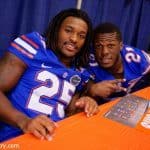 Florida Gators running backs Jordan Scarlett and Kelvin Taylor pose for the camera during Florida Gators fotball fan day 2015 - Florida Gators - University - of - Florida - 1280x854