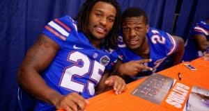 Florida Gators running backs Jordan Scarlett and Kelvin Taylor pose for the camera during Florida Gators fotball fan day 2015 - Florida Gators - University - of - Florida - 1280x854