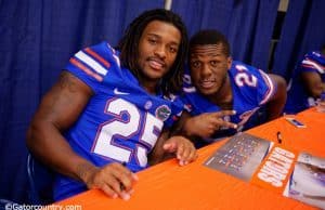 Florida Gators running backs Jordan Scarlett and Kelvin Taylor pose for the camera during Florida Gators fotball fan day 2015 - Florida Gators - University - of - Florida - 1280x854