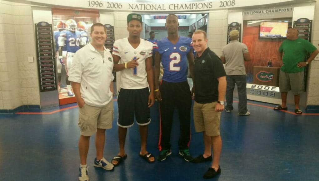 Florida Gators safety commit Jeawon Taylor with recruiting coordinator Drew Hughes and cornerbacks coach Kirk Callahan- 1280x720- Florida Gators Recruiting