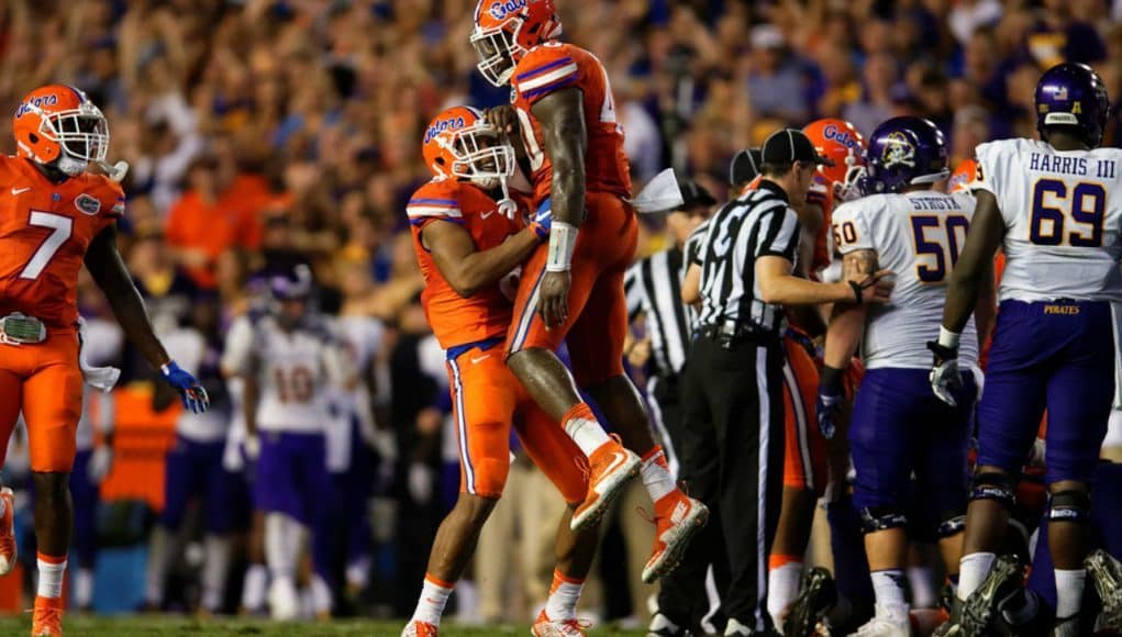 Florida Gators defense celebrates against ECU- 1280x855