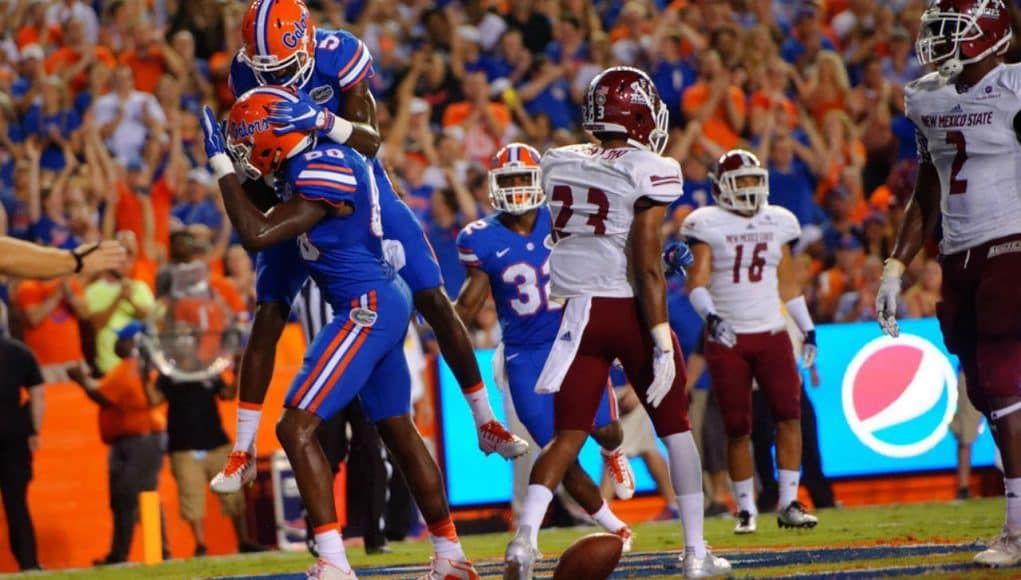 Florida Gators tight end C'yontai Lewis and receiver Ahmad Fulwood celebrate a touchdown against New Mexico State- 1280x853