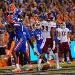 Florida Gators tight end C'yontai Lewis and receiver Ahmad Fulwood celebrate a touchdown against New Mexico State- 1280x853