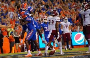 Florida Gators tight end C'yontai Lewis and receiver Ahmad Fulwood celebrate a touchdown against New Mexico State- 1280x853