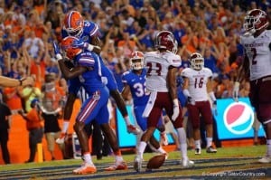 Florida Gators tight end C'yontai Lewis and receiver Ahmad Fulwood celebrate a touchdown against New Mexico State- 1280x853