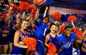 Juniors Vernon Hargreaves III and Demarcus Robinson celebrate with cheerleaders following the Florida Gators 28-27 win over the Tennessee Volunteers- Florida Gators football- 1280x854