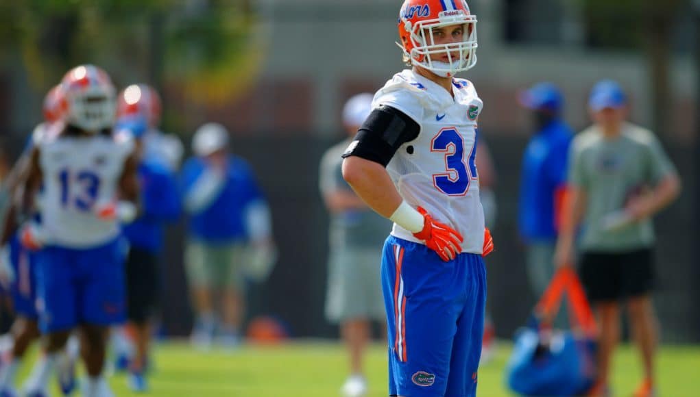 University of Florida junior linebacker Alex Anzalone goes through drills during spring football camp.- Florida Gators football- 1280x852