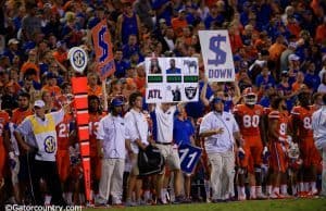 University of Florida defensive coordinator Geoff Collins signals in plays during the Florida Gators win over ECU- Florida Gators football- 1280x854