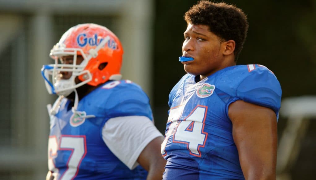 University of Florida freshman offensive tackle Fred Johnson goes through drills during fall camp- Florida Gators football- 1280x852