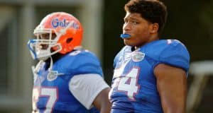 University of Florida freshman offensive tackle Fred Johnson goes through drills during fall camp- Florida Gators football- 1280x852