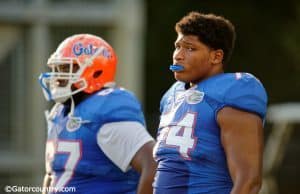 University of Florida freshman offensive tackle Fred Johnson goes through drills during fall camp- Florida Gators football- 1280x852