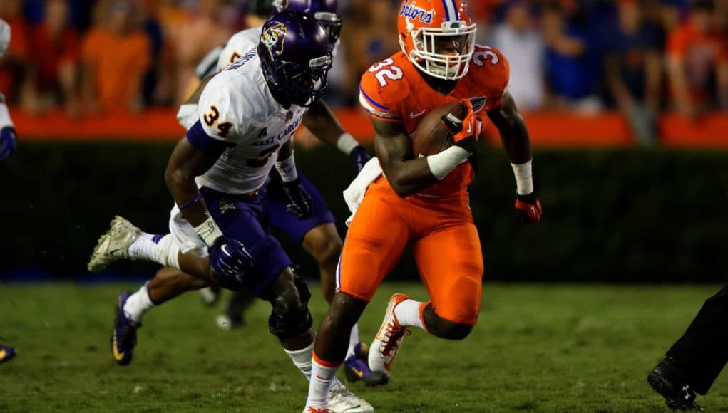 University of Florida freshman running back Jordan Cronkrite carries the ball against East Carolina- Florida Gators Football- Jordan Cronkrite- 1280x854