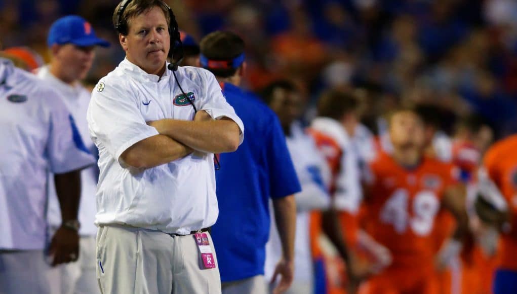 University of Florida head coach Jim McElwain reacts to a penalty against the Florida Gators as they host ECU- Florida Gators Football- 1280x854