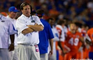 University of Florida head coach Jim McElwain reacts to a penalty against the Florida Gators as they host ECU- Florida Gators Football- 1280x854
