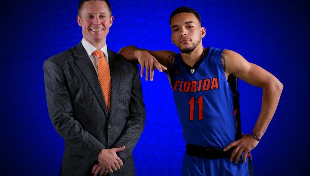 University of Florida head coach Mike White and sophomore point guard Chris Chiozza pose during basketball media day- Florida Gators basketball- 1280x852