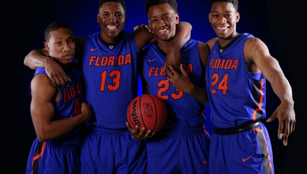 University of Florida newcomers Kevaughn Allen, Kevarrius Hayes, Keith Stone and Justin Leon pose during media day- Florida Gators basketball- 1280x852