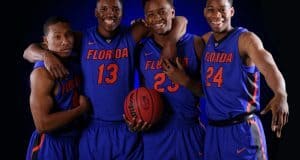 University of Florida newcomers Kevaughn Allen, Kevarrius Hayes, Keith Stone and Justin Leon pose during media day- Florida Gators basketball- 1280x852