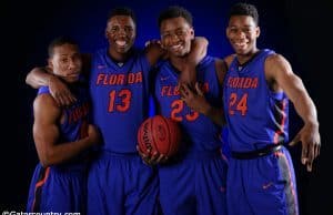 University of Florida newcomers Kevaughn Allen, Kevarrius Hayes, Keith Stone and Justin Leon pose during media day- Florida Gators basketball- 1280x852