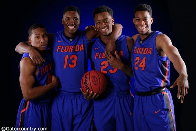 University of Florida newcomers Kevaughn Allen, Kevarrius Hayes, Keith Stone and Justin Leon pose during media day- Florida Gators basketball- 1280x852