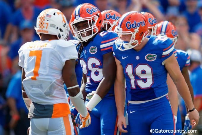 University of Florida safety Marcell Harris reacts after recording a tackle on a punt return- Florida Gators football- 1280x854