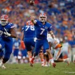 Florida Gators Quarterback Will Grier Throws On the Run Versus Tennessee Volunteers
