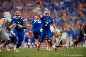 Florida Gators Quarterback Will Grier Throws On the Run Versus Tennessee Volunteers