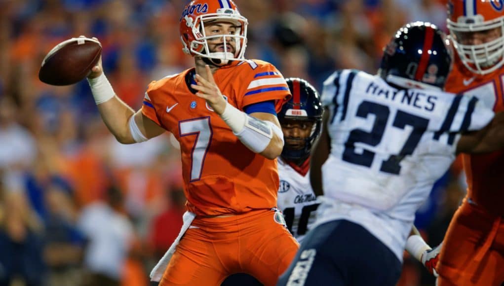 Florida Gators QB Will Grier throws a pass against Ole Miss- 1280x853